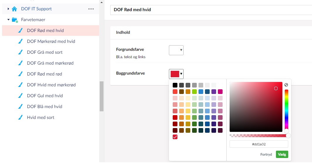 Kender du farvens HEX-kode kan den indsættes - den røde farve i DOF's logo er f.eks. #dd1a32